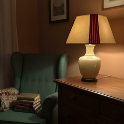 Abat-jour em tecido creme com detalhe encarnado ( não inclui candeeiro parte de baixo)