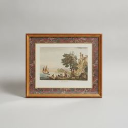 Quadro Paisagem Costeira com Veleiros e Torre Fortificada