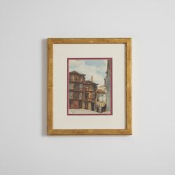 Quadro Aguarela Cena Urbana com Moldura Dourada