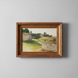 Quadro Aguarela Fortaleza com Moldura em Madeira