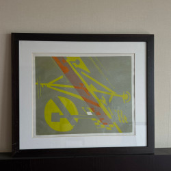 Serigrafia do Autor Espiga Pinto com moldura – tons cinza e verde  e verde, criando um efeito visual equilibrado e moderno. Apresenta moldura escura e passe-partout, adequado para salas, escritórios ou espaços contemporâneos.