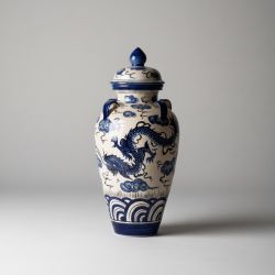 Vaso Cerâmica Azul e Branco com Dragão